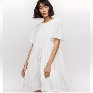 Anine Bing Tabitha Dress Tiered Butterfly Sleeve Seersucker White Check Silk